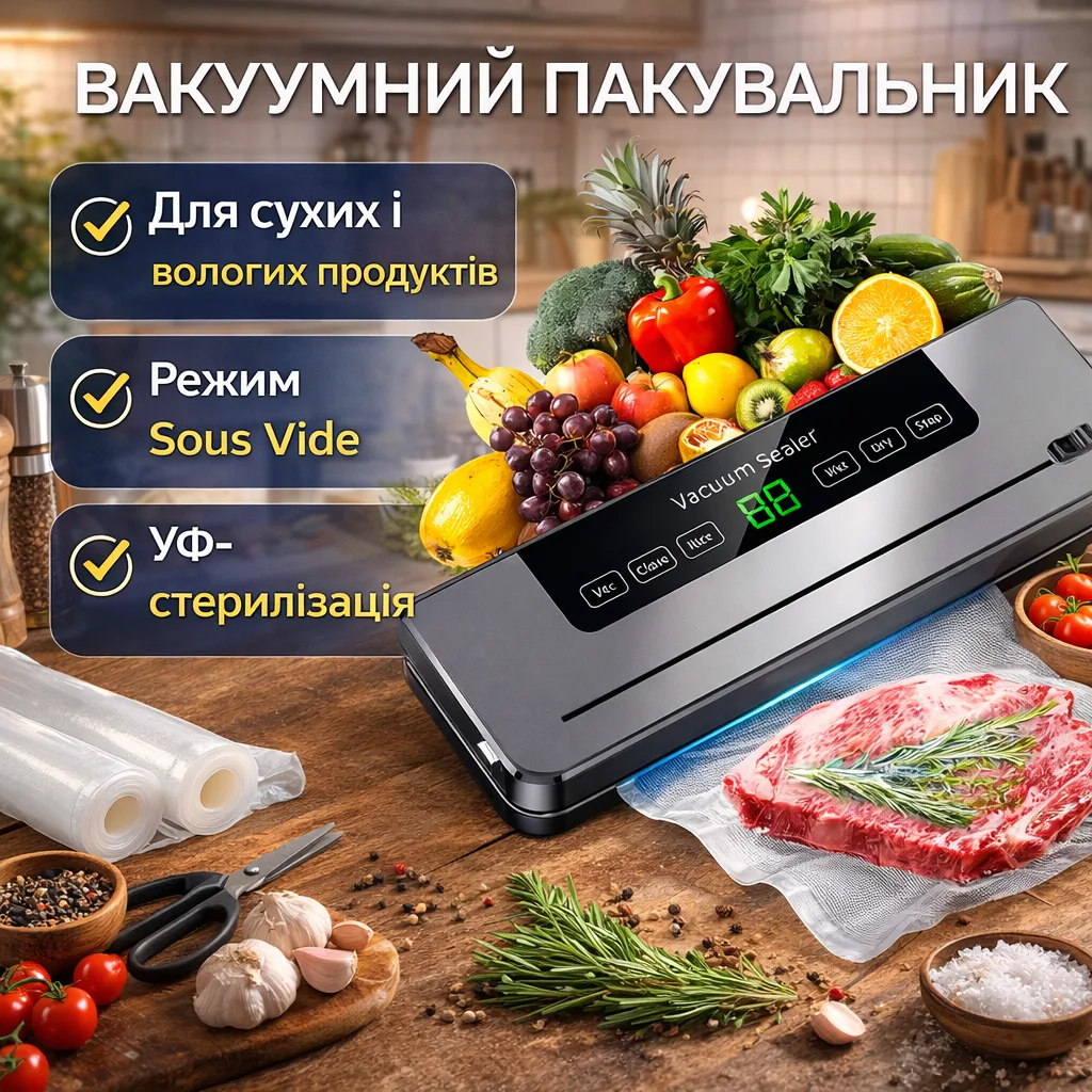 Вакуумний пакувальник сухих/вологих продуктів з УФ-стерилізацією, режим Sous Vide + пакувальні пакети