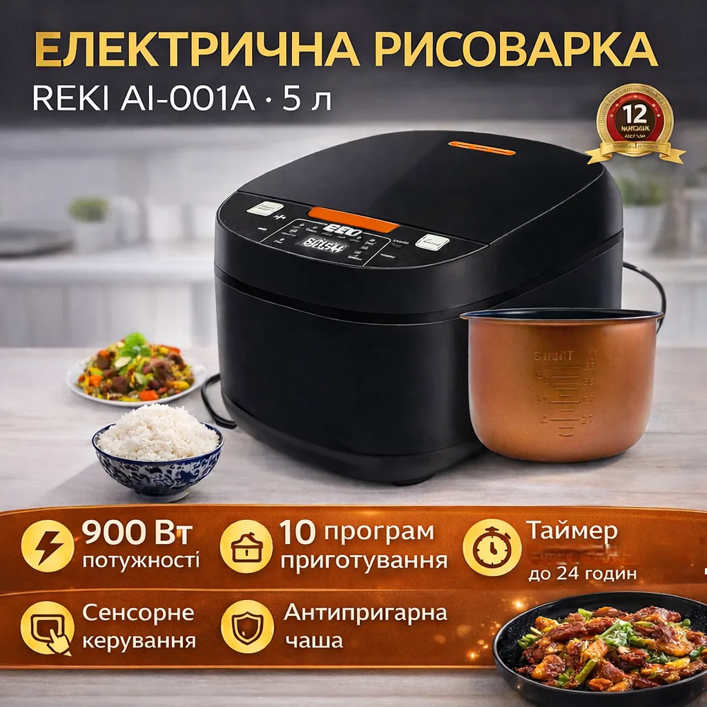 Рисоварка електрична REKI AI-001A, 5 л, 900 Вт, сенсорне керування, 10 програм, з антипригарною чашею