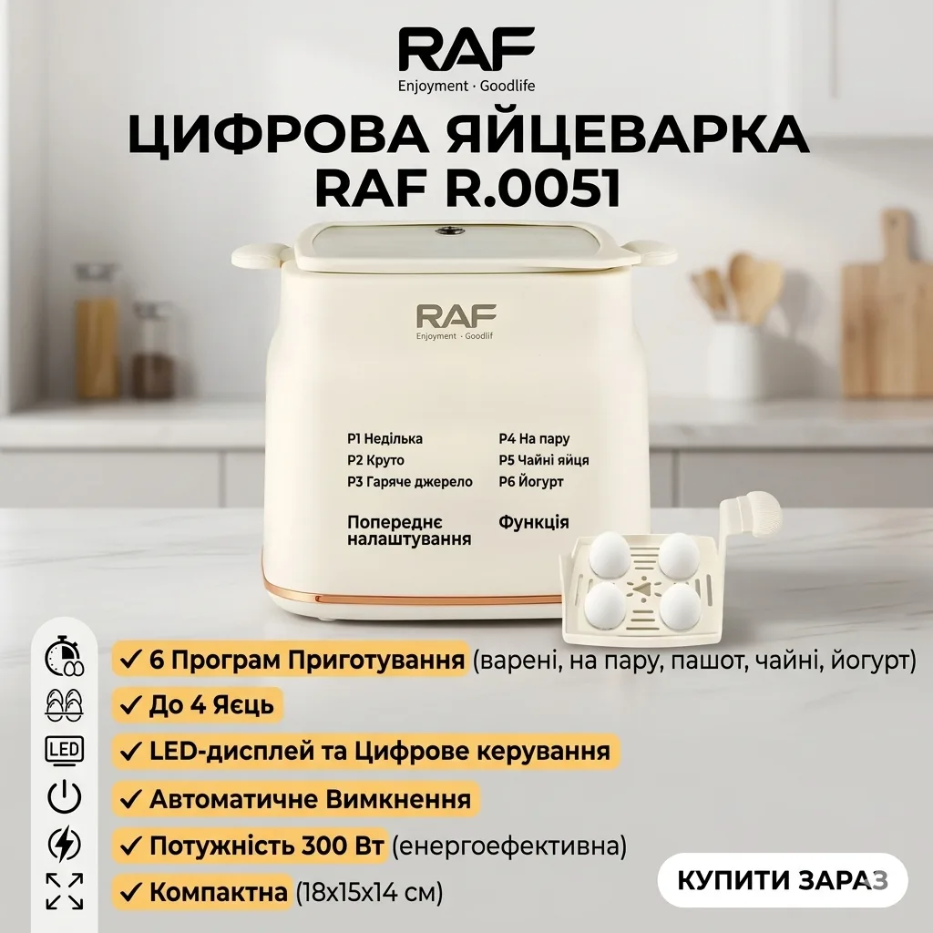 Яйцеварка електрична RAF R.0051, 6 режимів, цифрове керування, 300W