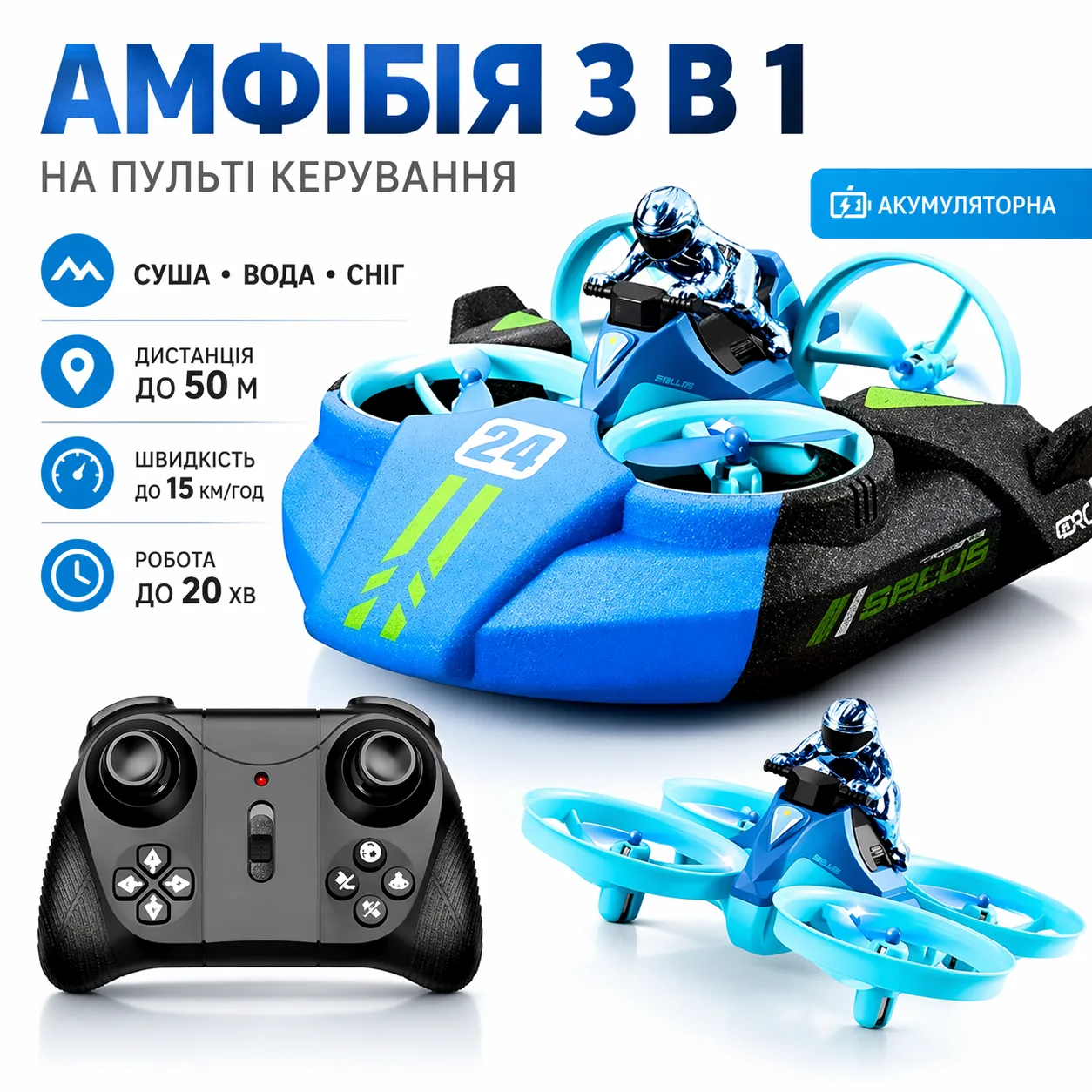 Вездеход-трансформер 3-в-1: Машина, Човен, Дрон, радіокерування, 15 км/год, синій