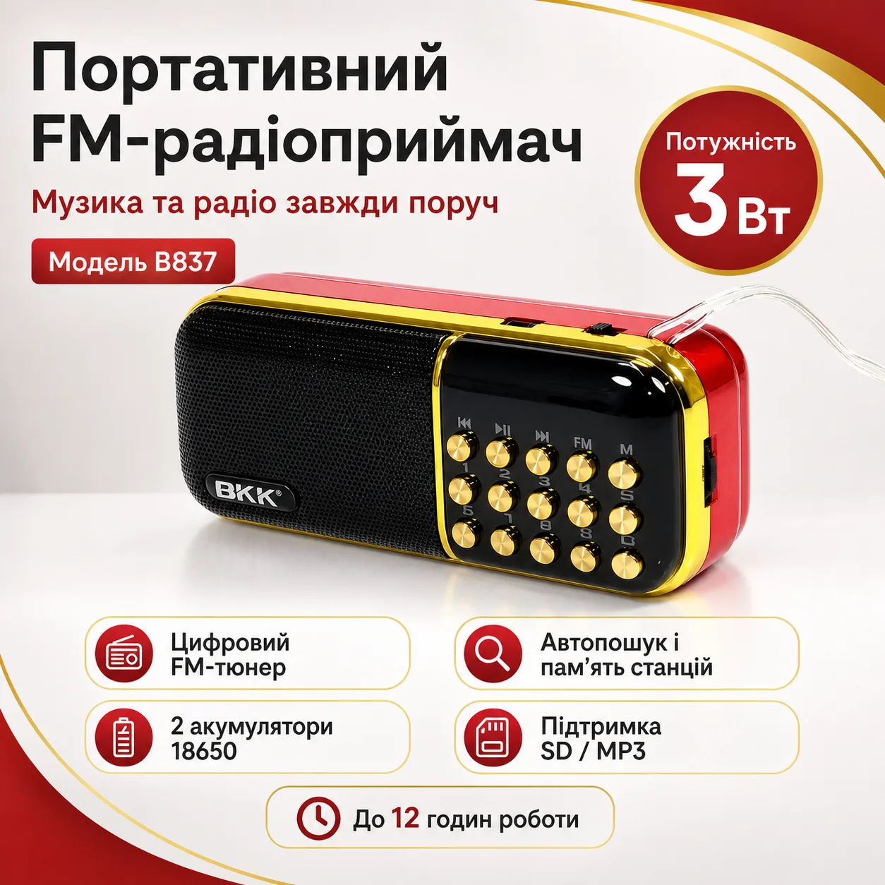 Портативна FM-радіоколонка з цифровим тюнером BKK USB/MP3 B851