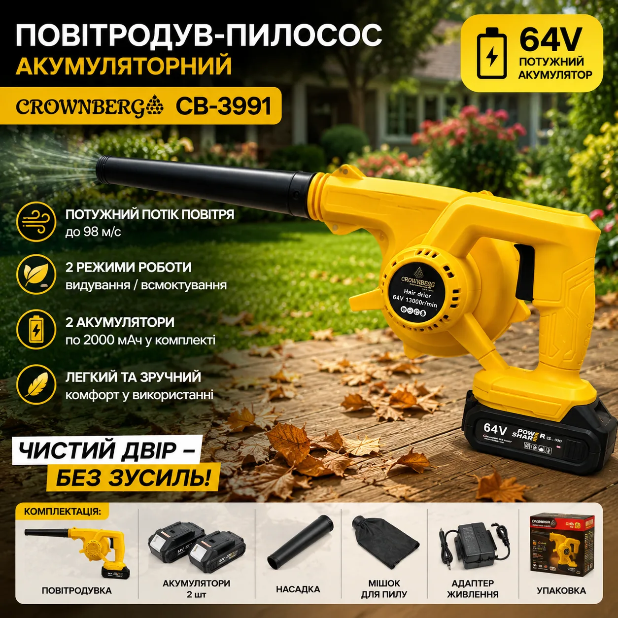 Повітродув-пилосмок акумуляторний Crownberg CB-3991 жовтий