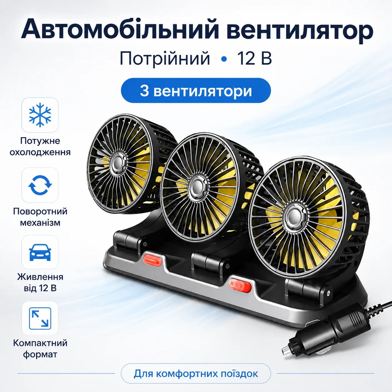 Автомобільний вентилятор тримодульний 12В, чорний, портативний