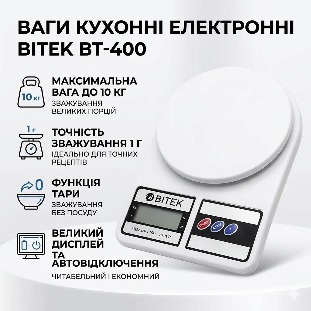 Ваги кухонні електронні з платформою, до 10 кг від 1 г, BITEK BT-400, білі