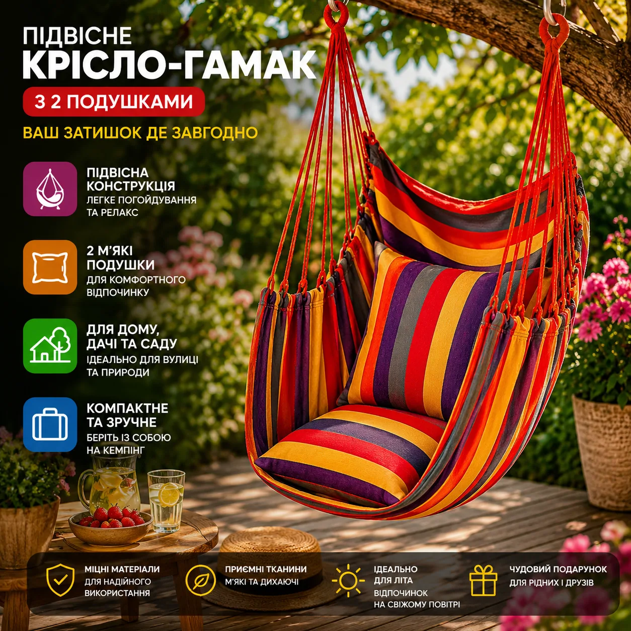 Підвісне крісло-гамак різнокольорове з 2 подушками