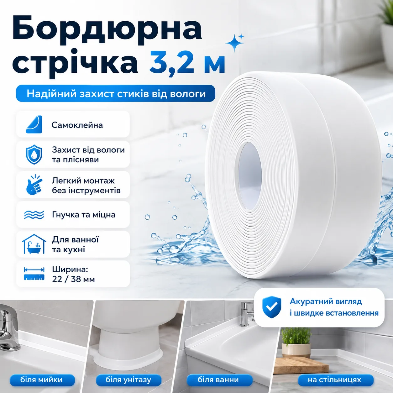 Бордюрна стрічка самоклеюча водонепроникна, 3.2 м x 38 мм, біла