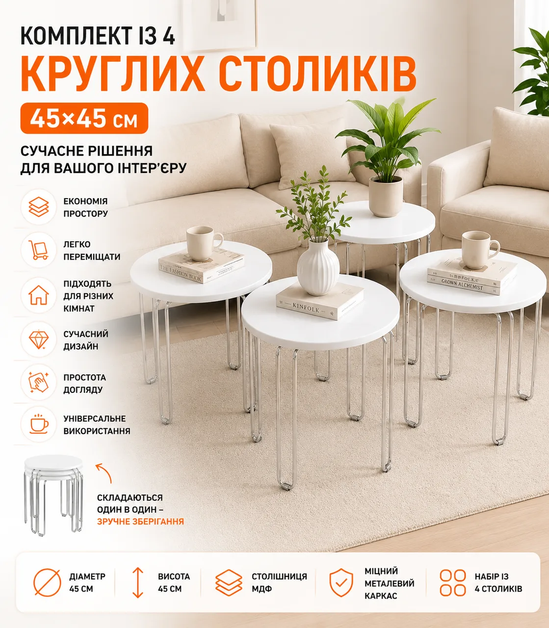 Set of 4 round coffee tables, 45x45 cm, white