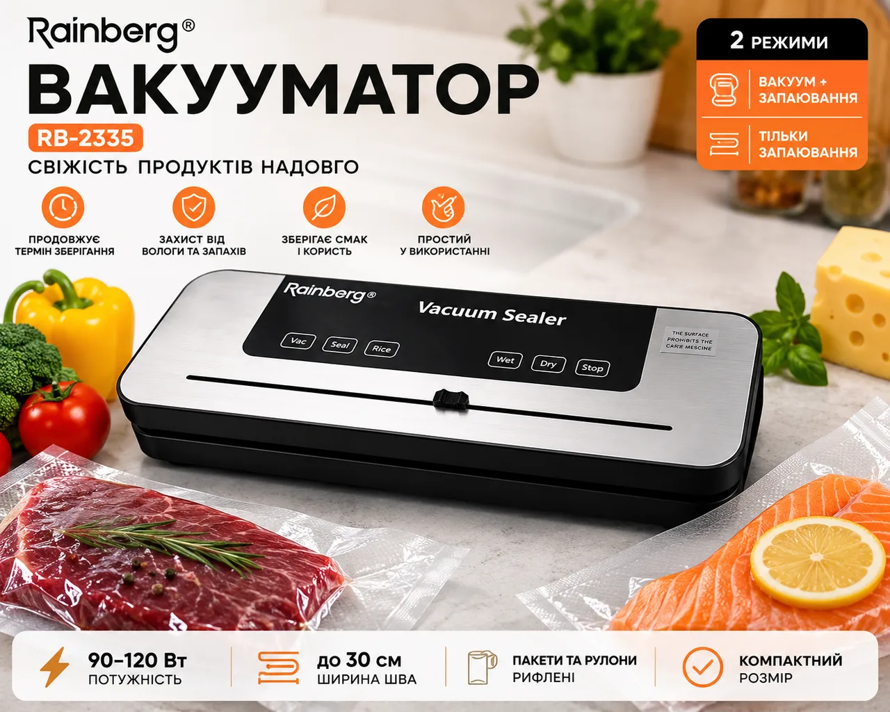 Вакууматор Rainberg RB-2335 з ножем, 5 режимів, 10 пакетів, 120 Вт