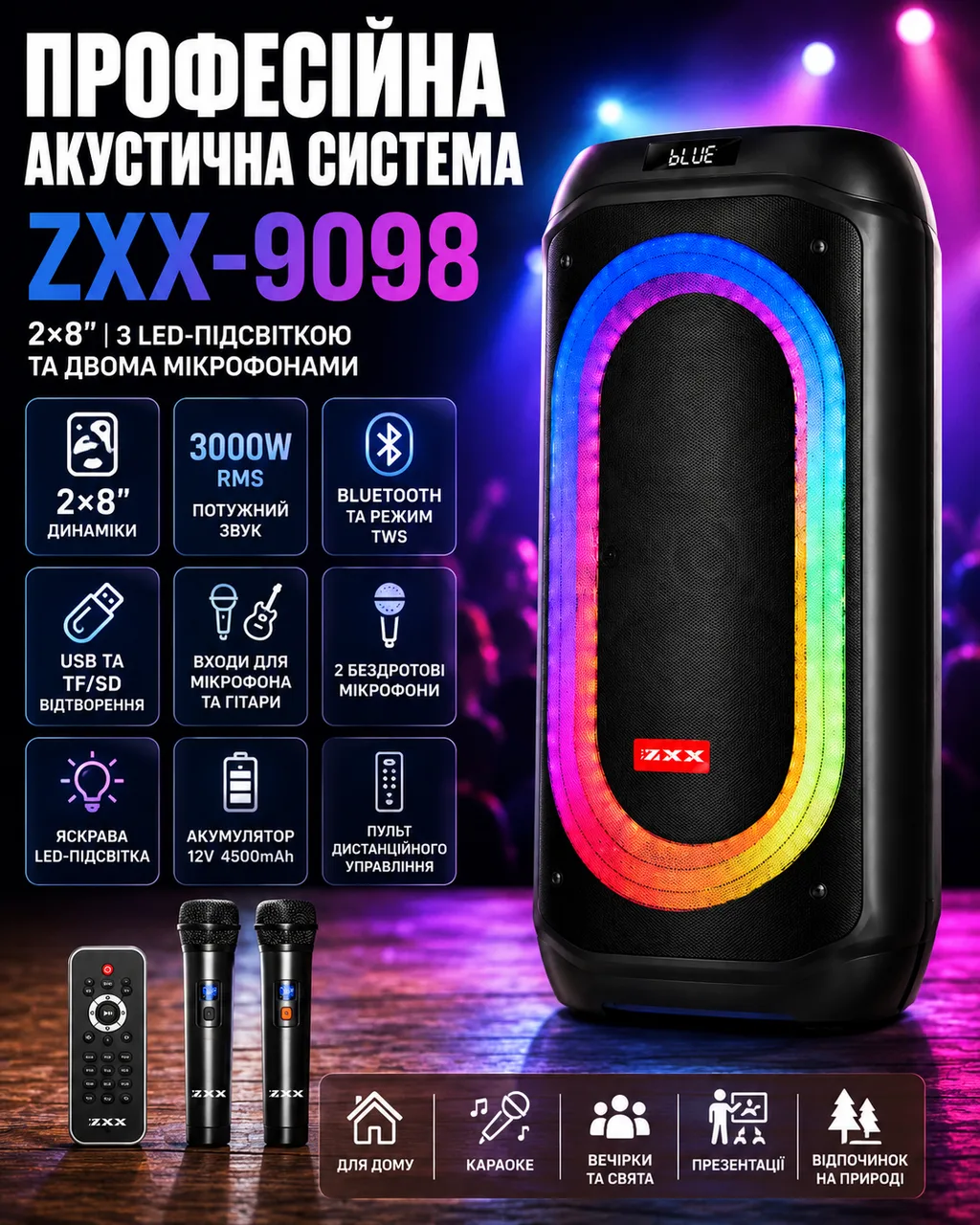 Акумуляторна акустична система ZXX-9098 2×8″ / Колонка з LED-підсвіткою + 2 бездротові мікрофони