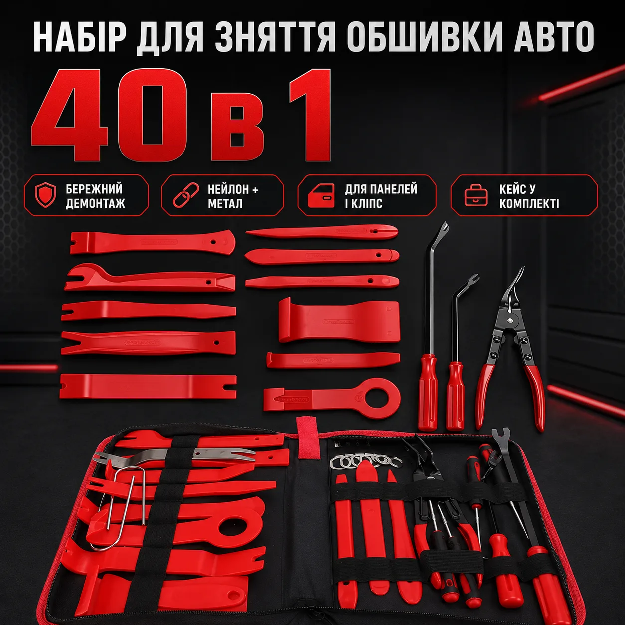 Набір для зняття обшивки авто 40в1, Чорний / Інструменти для розбирання салону автомобіля / Знімач обшивки салону
