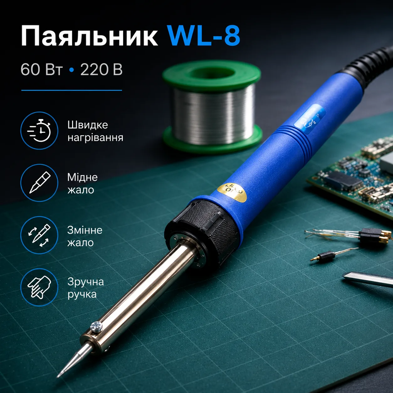 Електричний паяльник 60 Вт WL-8, від мережі, Синій / Електропаяльник / Паяльник для мікросхем / Паяльник з медним жалом