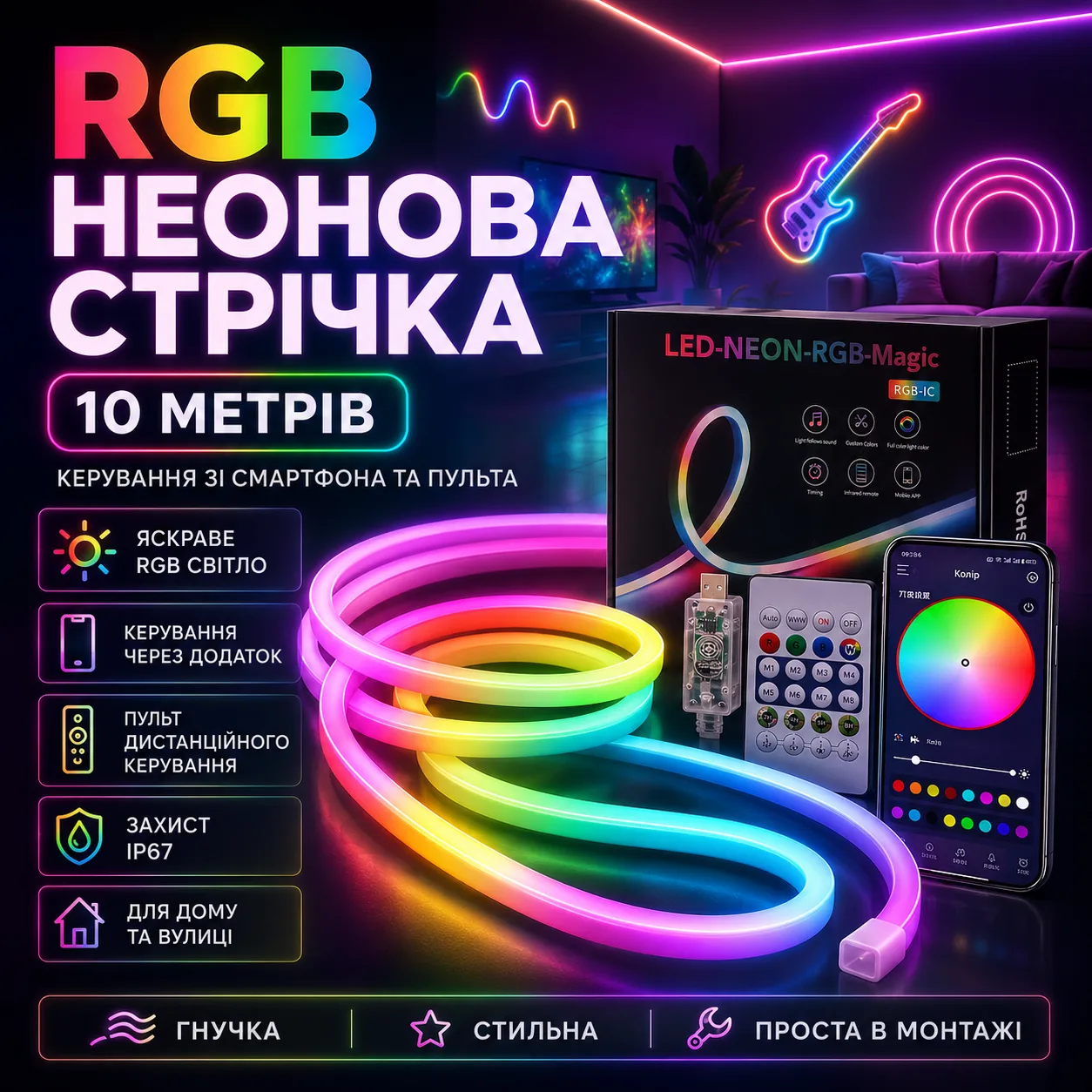 Smart neon strip, USB-powered, 10 m, remote control + Bluetooth, RGB / RGB strip / Flexible neon / LED strip