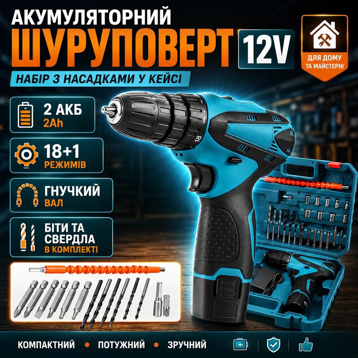 Акумуляторний набір Шурупокрут 12V 2Ah з насадками у кейсі