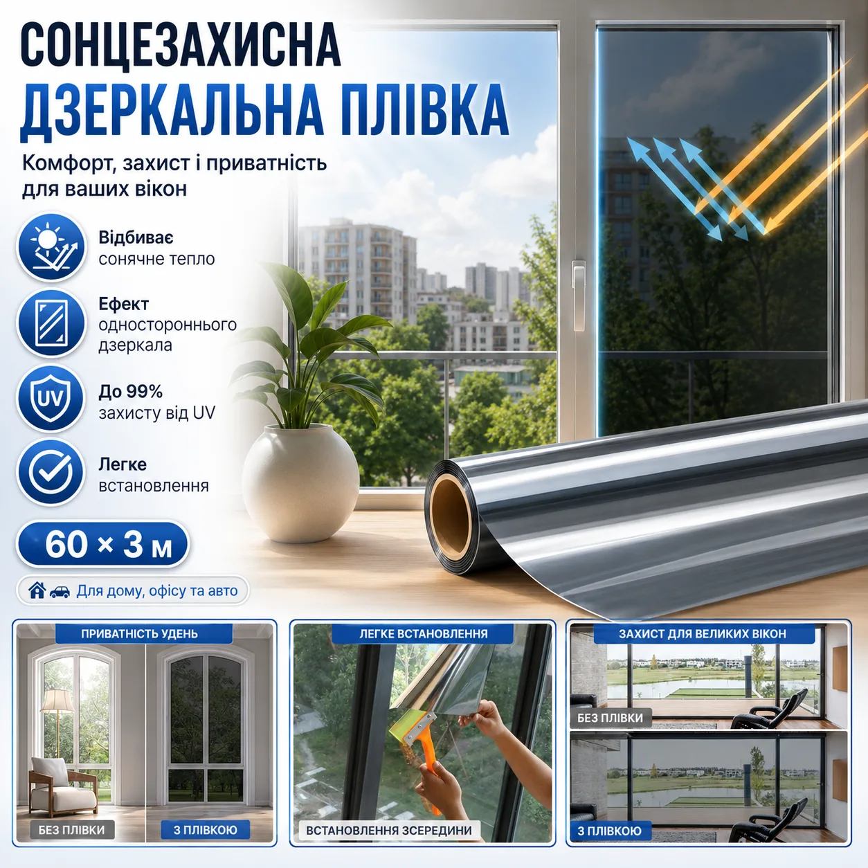 Тепловідбивна дзеркальна плівка для скла 60×300 см, срібляста UV-захист для вікон дому, офісу та авто