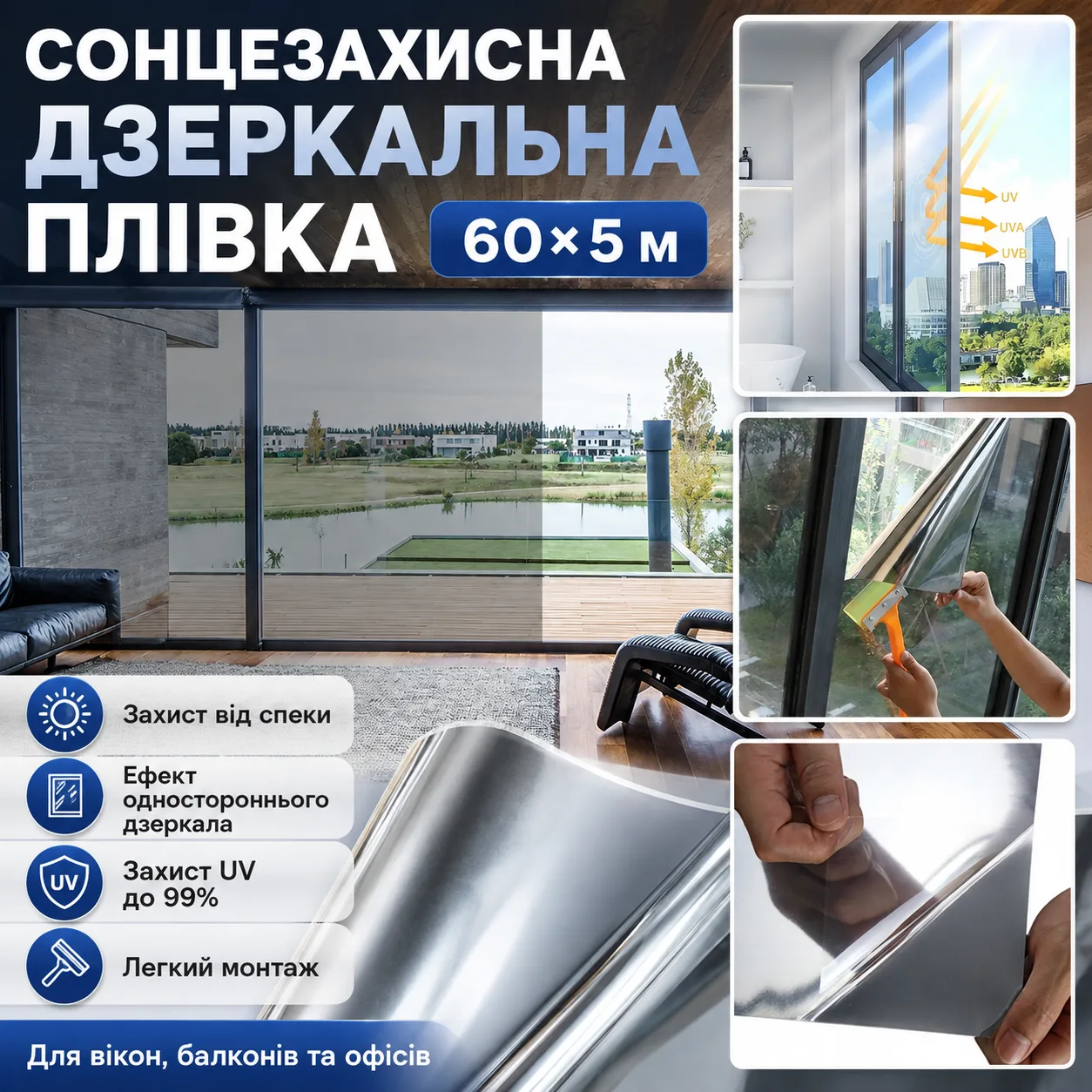 Дзеркальна тепловідбивна плівка для вікон 60×500 см, срібляста сонцезахисна тонування з UV-захистом для дому та офісу