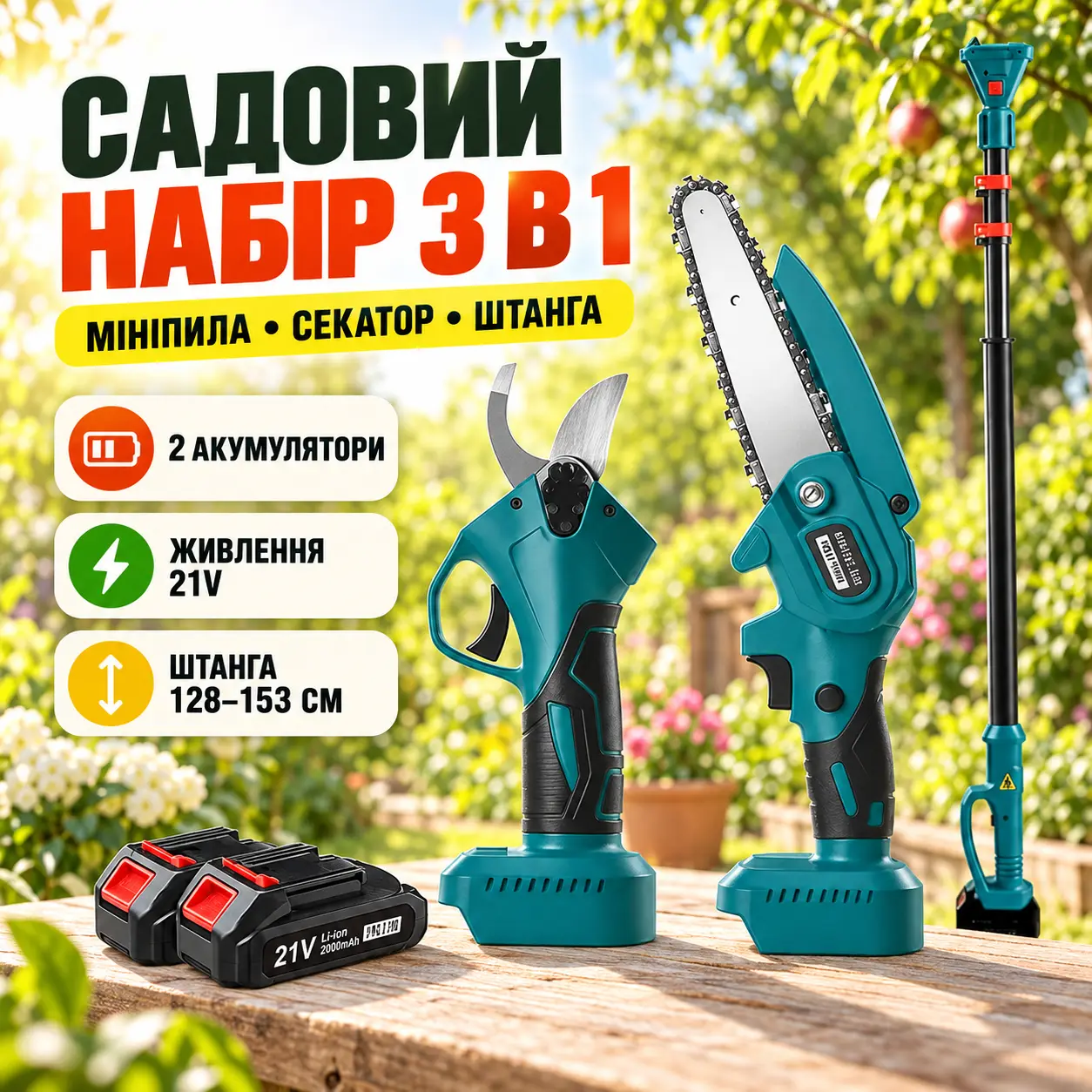 Набор аккумуляторных инструментов пила секатор со штангой аккумуляторами 2 штуки для обрезки кустов веток 21V