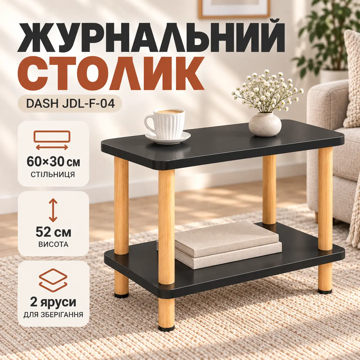 Черный Журнальный столик Dash JDL-F-04 / Прямоугольный столик с полкой 60×30×52 см