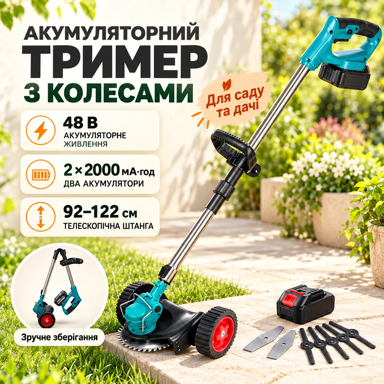 Аккумуляторная газонокосилка-триммер + колеса 48 В, 2 батареи, 2000 мАч