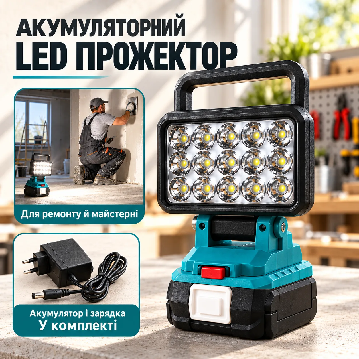 Аккумуляторная строительная лампа-прожектор / Фонарь с комплектом АКБ и зарядным устройством / Прожектор LED