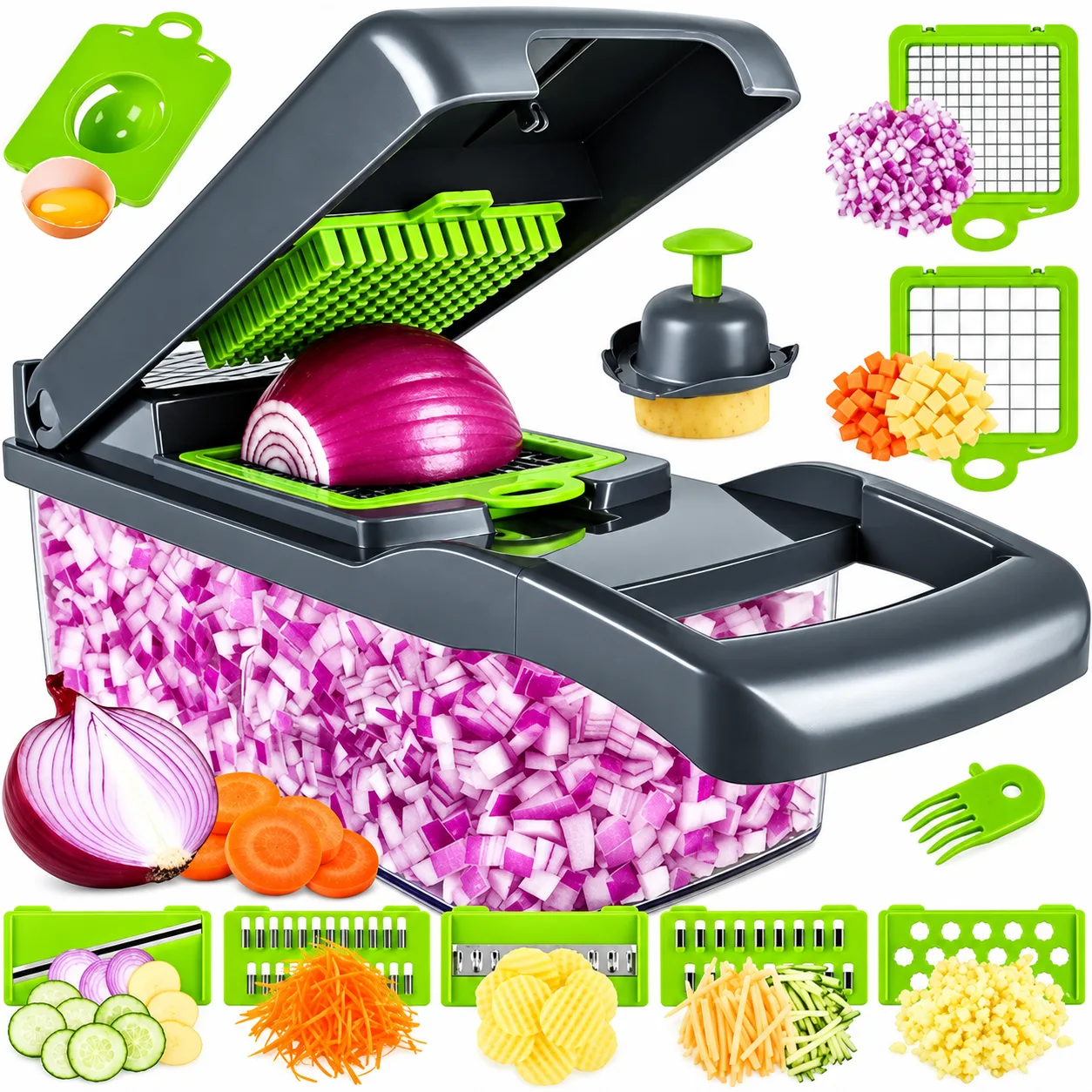 Универсальная овощерезка-мультислайсер Nicer Dicer 1857 с контейнером и сменными насадками для нарезки кубиками, ломтиками
