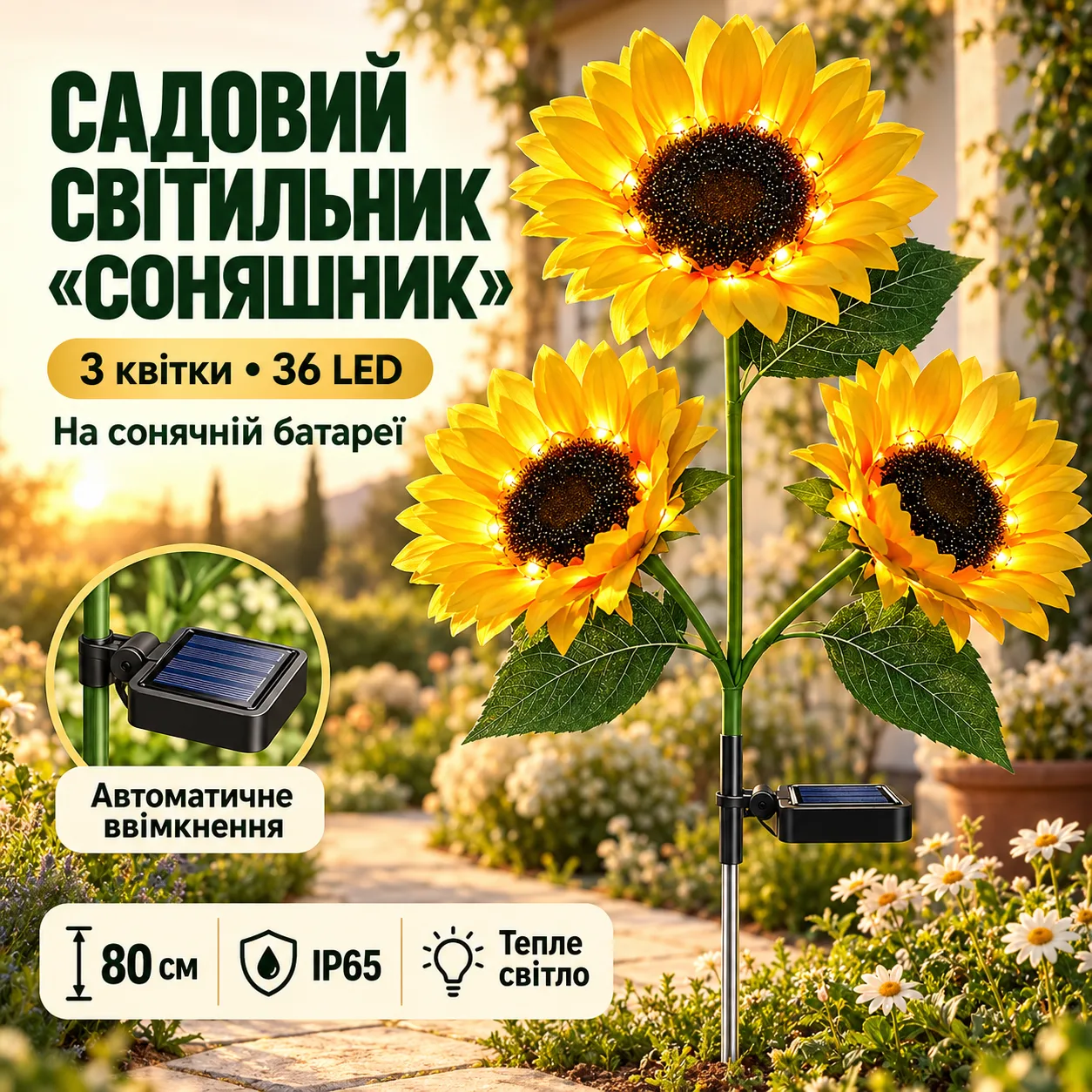 Садовый светильник LED на солнечной батарее Подсолнух для уличного декора освещения сада