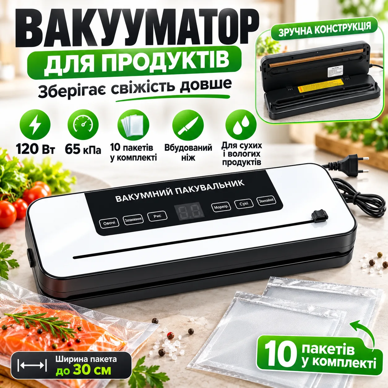 Вакууматор для продуктов Vacuum Sealer 384VC 120 Вт 65 кПа со встроенным ножом, автоматический вакуумный упаковщик для сухих