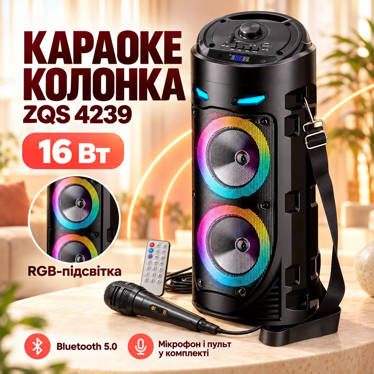 Портативная колонка ZQS4239, Bluetooth 5.0, 8Wх2 Вт, 1800mAh с пультом и проводным микрофоном