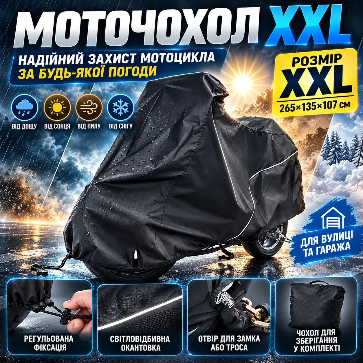 Большой защитный тент для мотоцикла XXL 265×135×107 см, уличный чехол-накидка от дождя, снега и солнца с вентиляцией