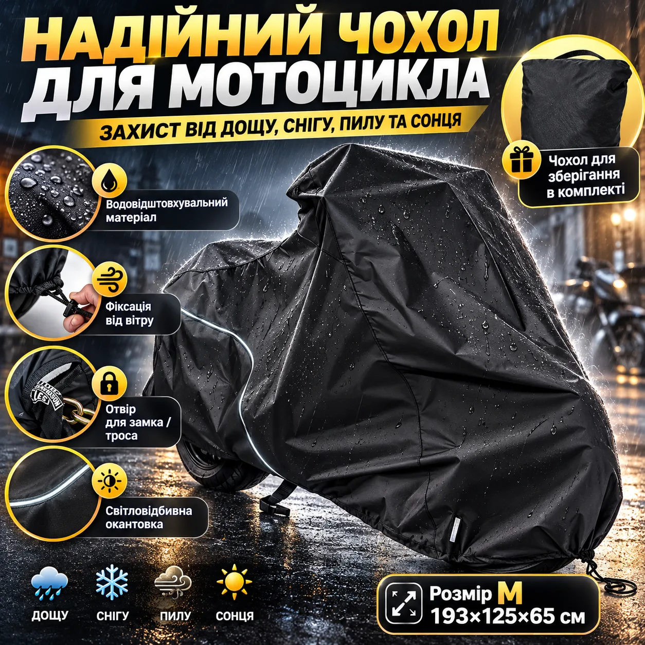 Защитный чехол-тент для мотоцикла 193х125х65см, Размер M, Черный / Водонепроницаемая накидка на мотоцикл