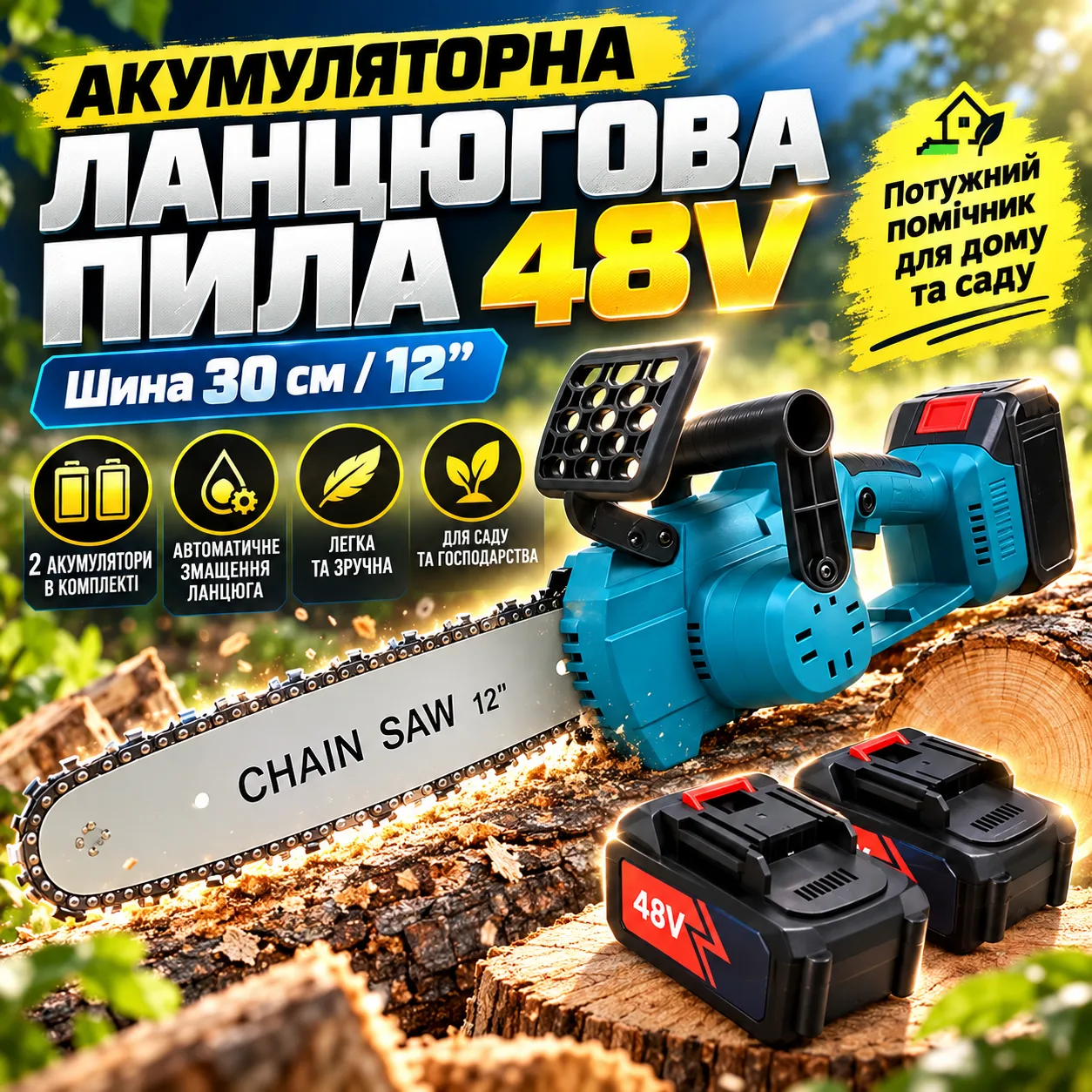 Аккумуляторная цепная пила 48V с масляным баком шина 30см на 2 аккумулятора, Садовая электропила 12″
