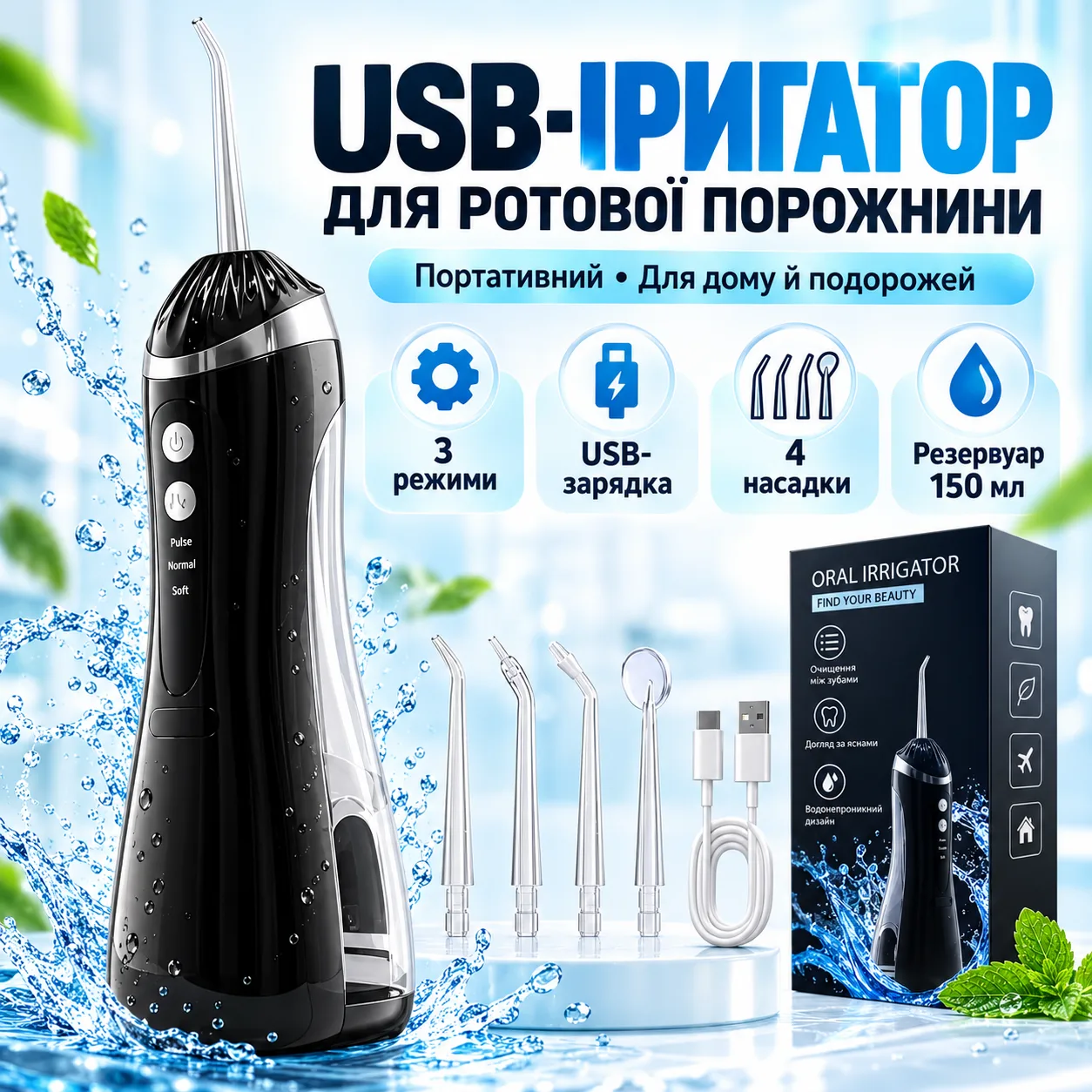 Ирригатор для полости рта портативный аккумуляторный с USB-зарядкой, резервуар 150 мл, 4 насадки, черный