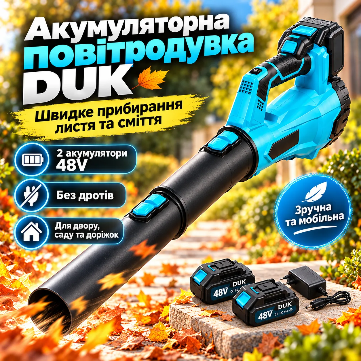 Аккумуляторная воздуходувка 48V, 2 АКБ, Blower DUK, Синяя / Садовый воздуходув / Воздуходувка для листьев