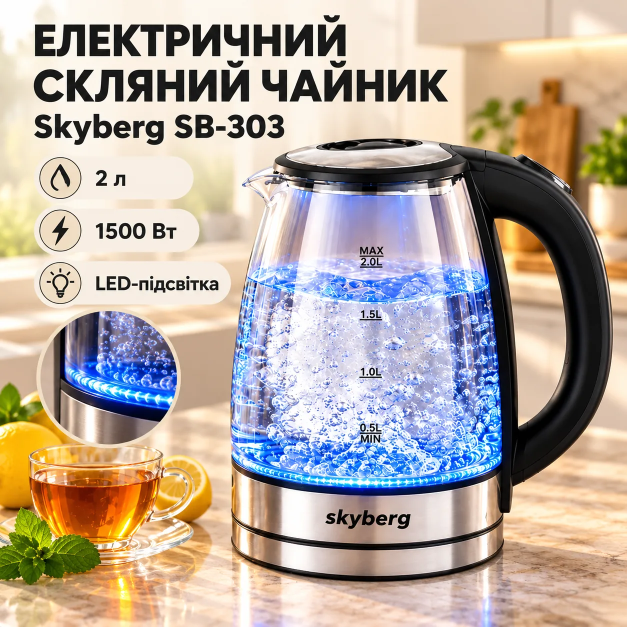Электрический стеклянный чайник Skyberg SB-303 / Чайник 2 л, 1500 Вт, с подсветкой